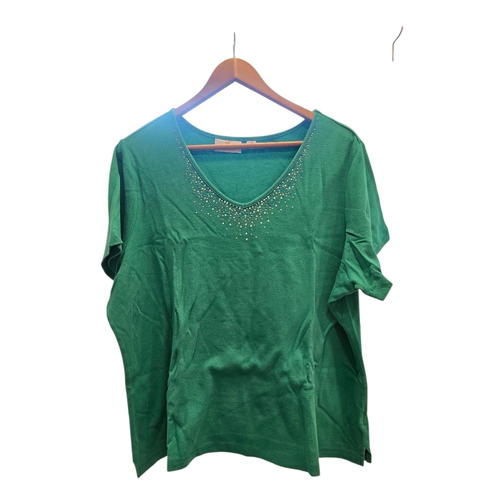 Quacker Factory Green Short Sleeve Top with Embellishments